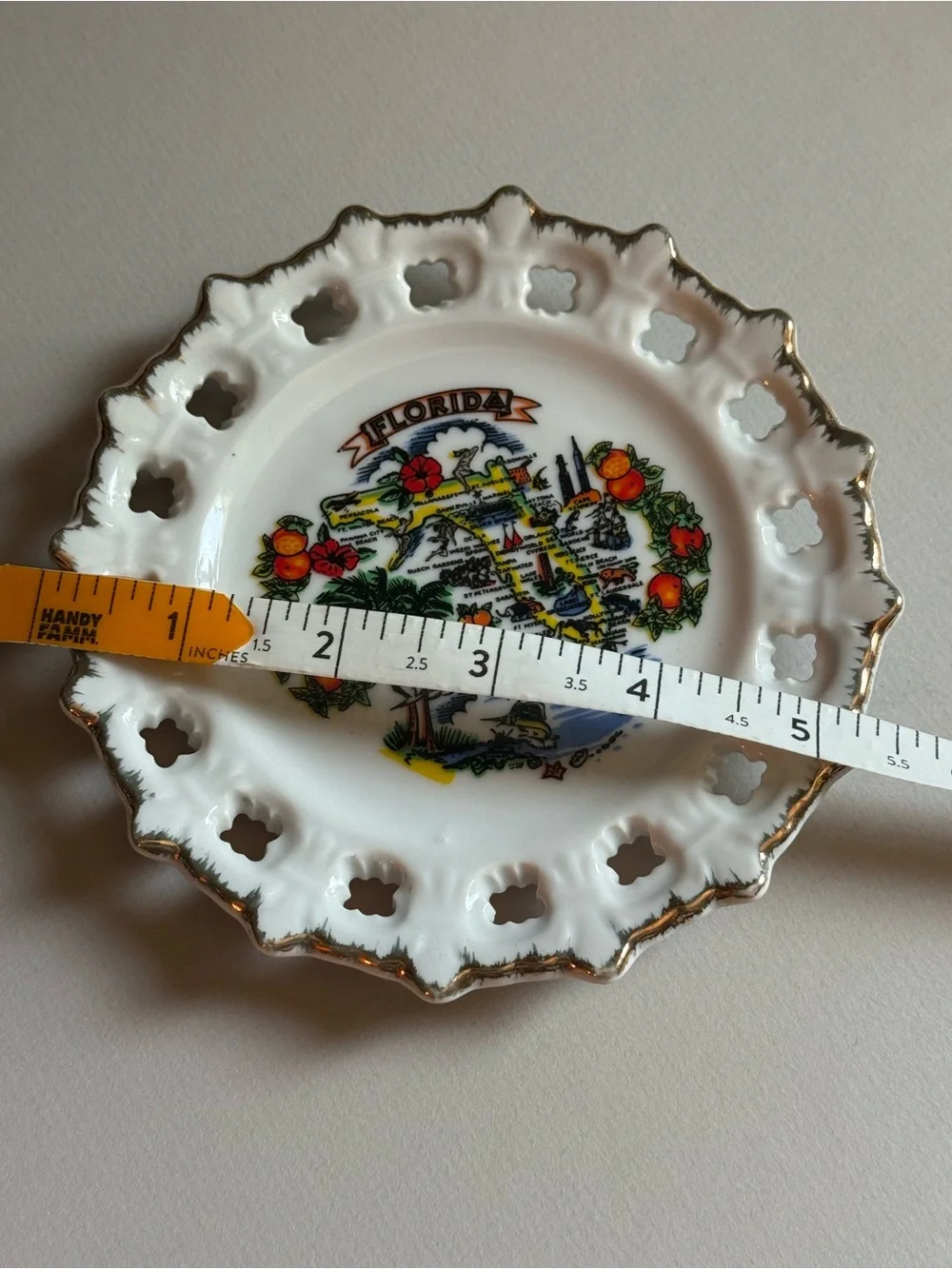 Vintage Florida Decorative‎ Porcelain Hanging Plate with Gold Trim